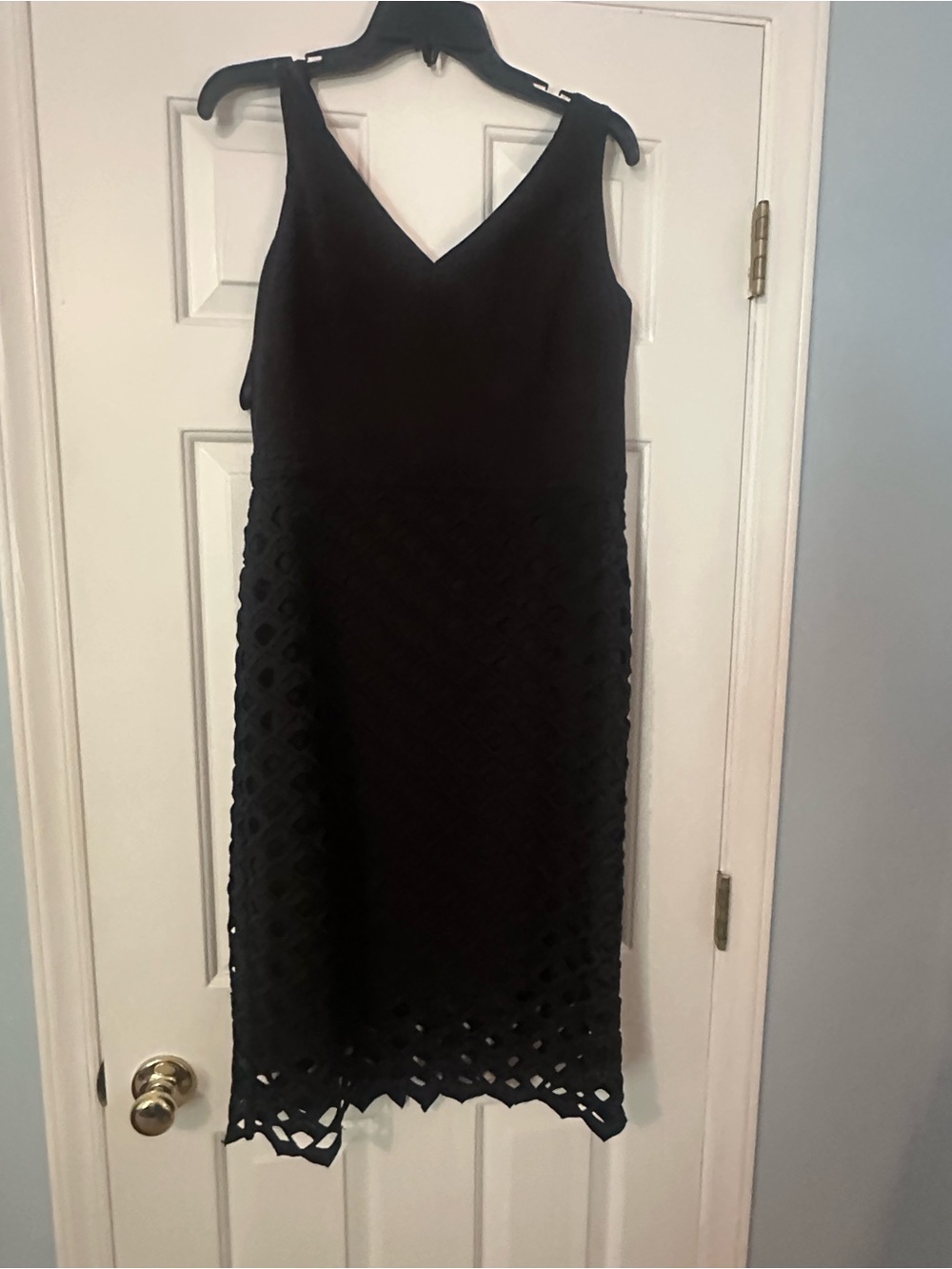 White House Black Market Black V-Neck Midi Dress with Lattice Skirt
